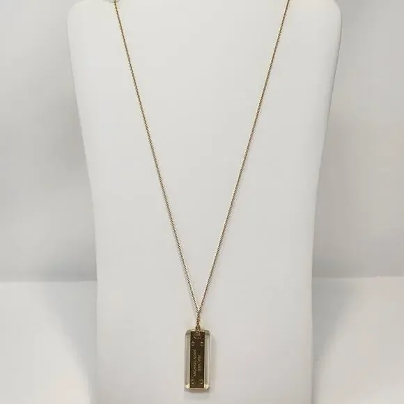 Michael Kors Gold Tone Acetate Logo Dog Tag Pendant Necklace Long Chain Designer - Picture 2 of 6